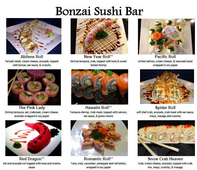 Bonzai Japanese Steak House, Inc., Menu